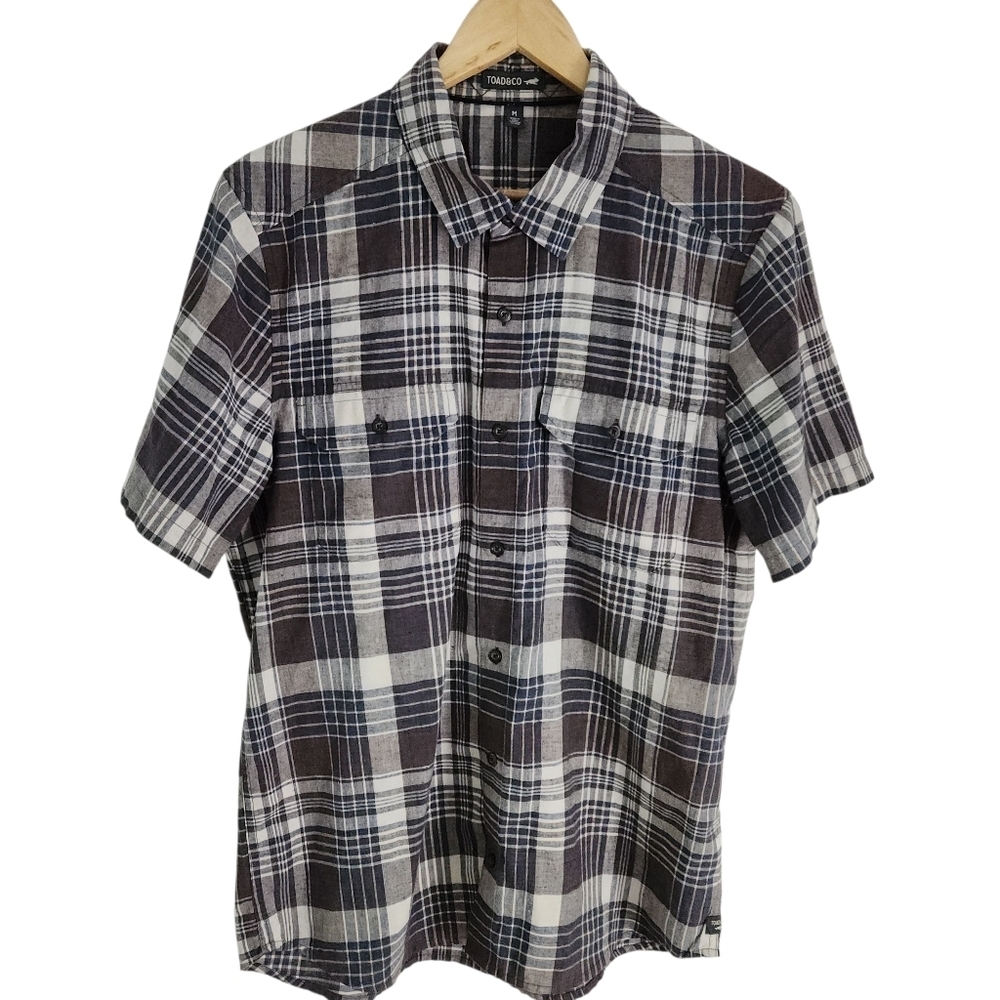 TOAD & CO Hookline Short Sleeve Shirt Plaid Shirt brown beige navy size m